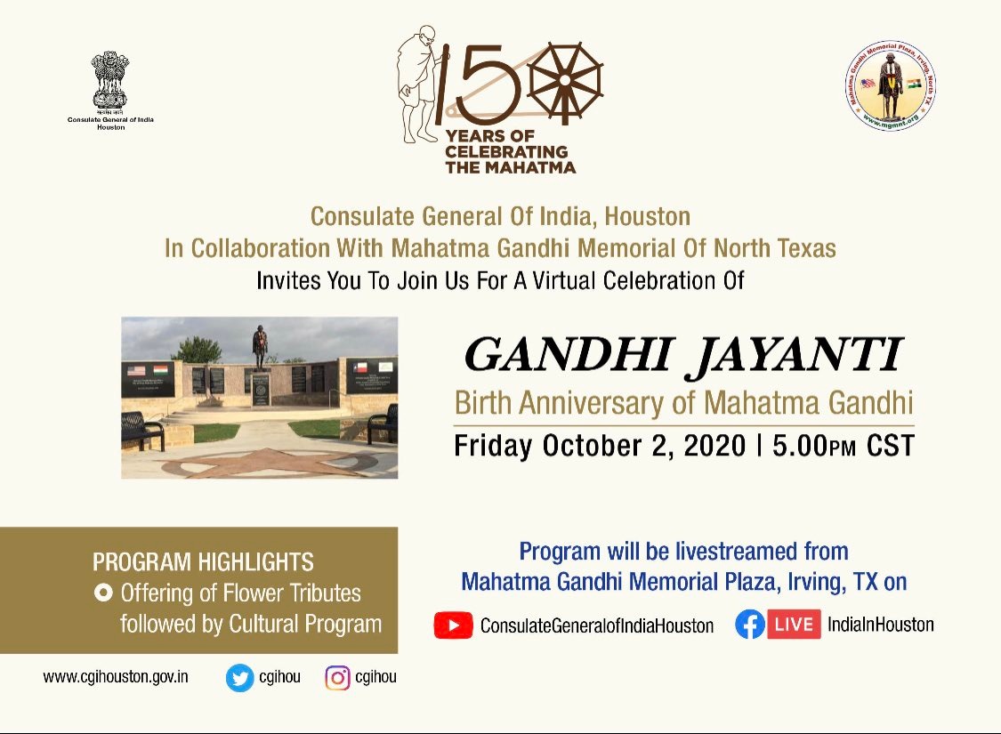 Gandhi Jayanti celebrations at Gandhi Memorial Plaza, Irving, Texas on October 2,2020