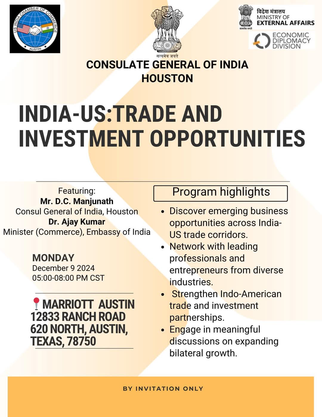 Consulate in partnership with the US India Chamber of Commerce Austin organised a business event in Austin to highlight ‘India-US Trade & Investment Opportunities’ Consul General Mr. DC Manjunath and Dr. Ajay Kumar, Minister (Commerce), Embassy of India, Washington DC on December 09  2024