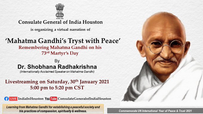  Join us for a virtual narration of “Mahatma Gandhi’s Tryst with Peace” by Dr. Shobhana Radhakrishna on January 30, 2021