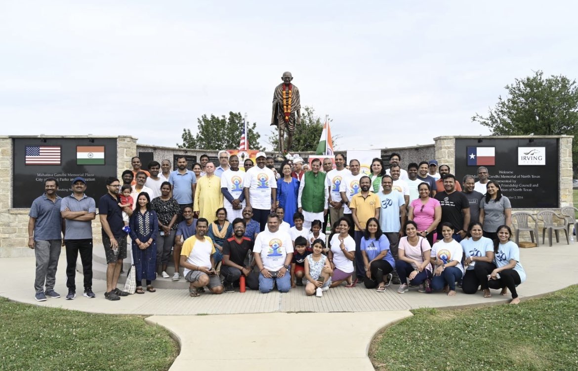 Celebration of the 
International Day of Yoga at the Mahatma Gandhi Memorial, Irving, Texas on June 18, 2023