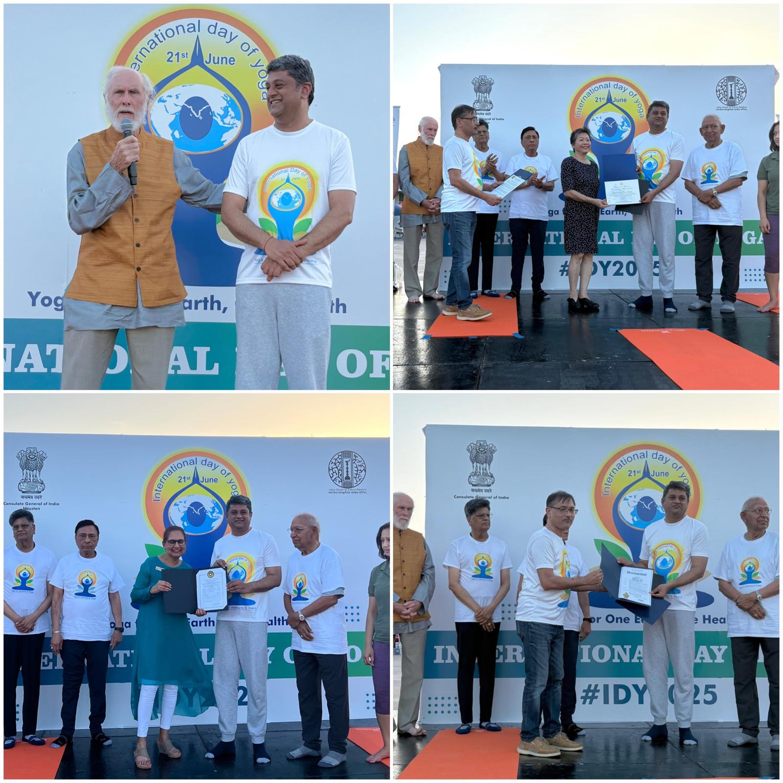 Consul General Mr. D.C. Manjunath, joined by Sugar Land Council Member Mr. Sanjay Singhal, along with members of the local community and Indian diaspora, at the Sugar Land Town Square to celebrate the 11th International Day of Yoga 2025.