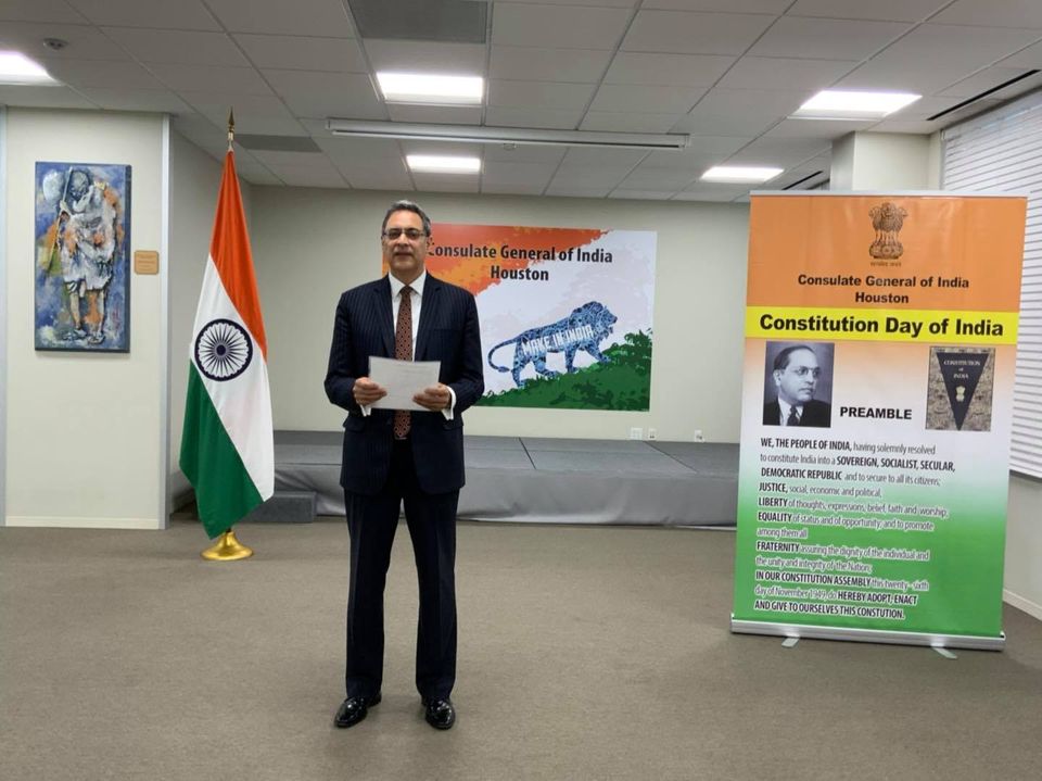 Consul General with officials of Consulate read the Preamble of the Constitution of India,On the occasion of Constitution Day,on 26 November 2020