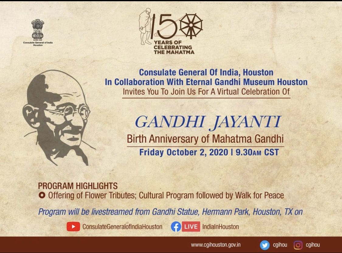 Gandhi Jayanti celebrations at Gandhi Statue,Hermann park, Houston on October 2,2020