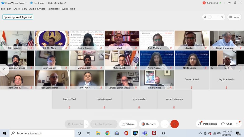 Consulate General of India, Houston Organized a webinar "India-US Partnership Opportunities in Startup Ecosystem" along with various partners  on August 31, 2021